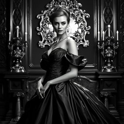 A captivating portrait of a Baltic Duchess, embodying grace and royalty in an opulent gown, rendered in a striking black and white palette