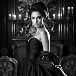 A captivating portrait of a Baltic Duchess, embodying grace and royalty in an opulent gown, rendered in a striking black and white palette