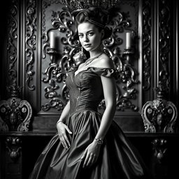 A captivating portrait of a Baltic Duchess, embodying grace and royalty in an opulent gown, rendered in a striking black and white palette