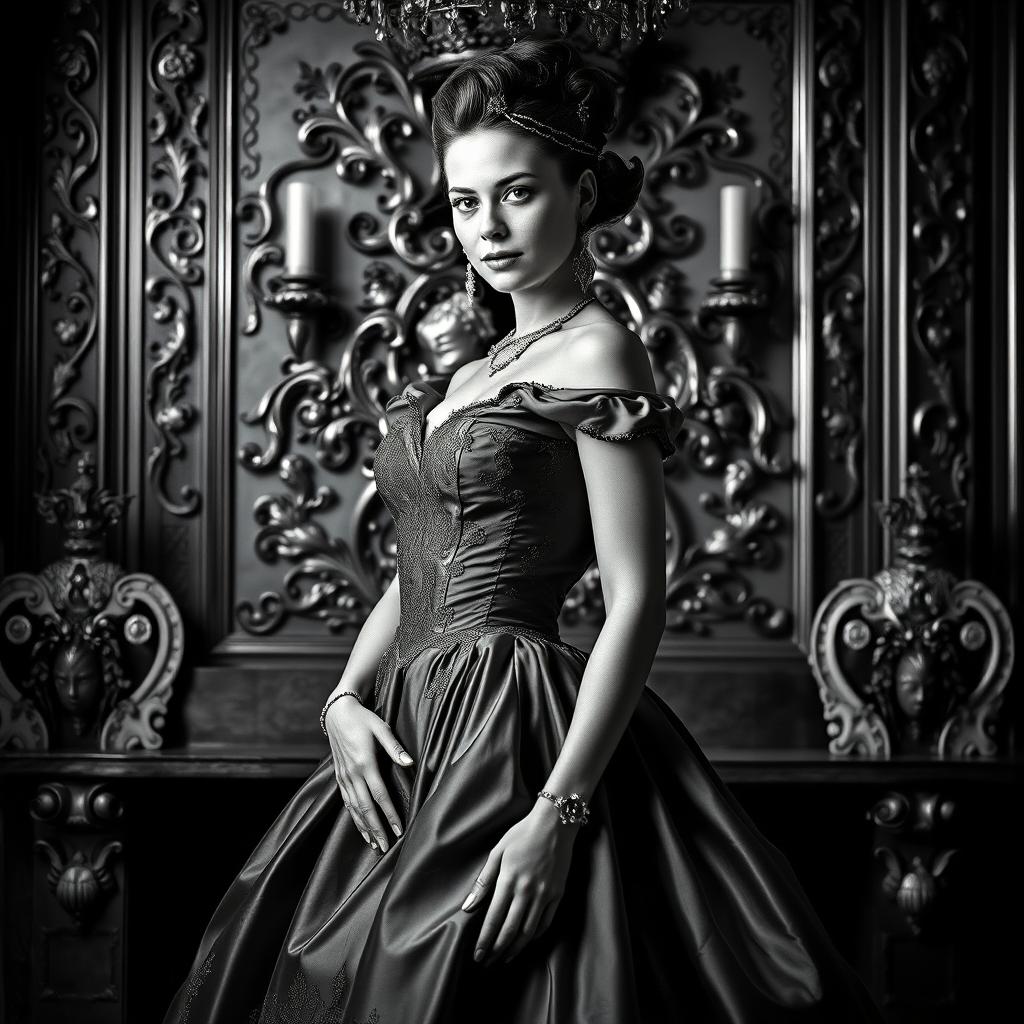 A captivating portrait of a Baltic Duchess, embodying grace and royalty in an opulent gown, rendered in a striking black and white palette