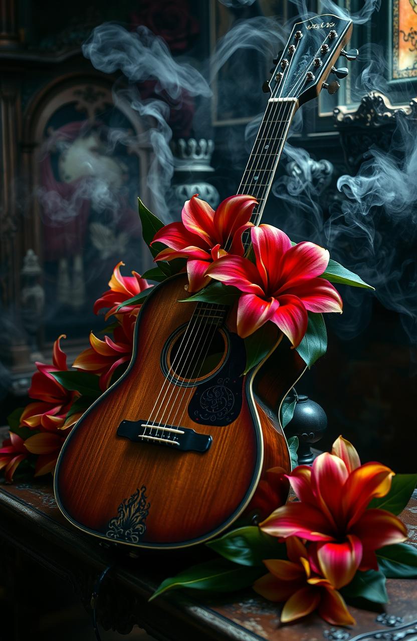 A striking gothic scene featuring a vintage guitar draped with exotic flowers, wisps of smoke swirling around
