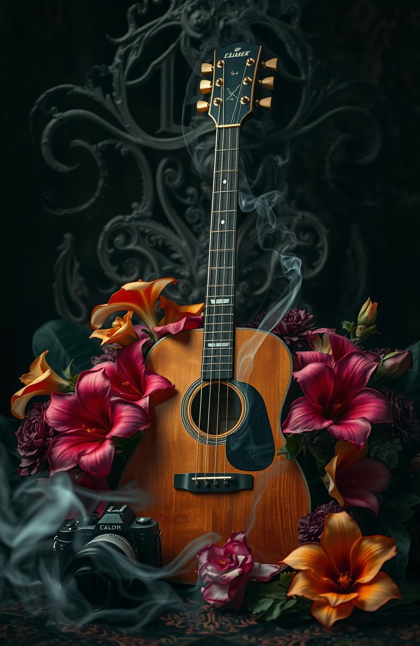 A mystical scene featuring a vintage guitar surrounded by exotic flowers, with wisps of smoke curling around them