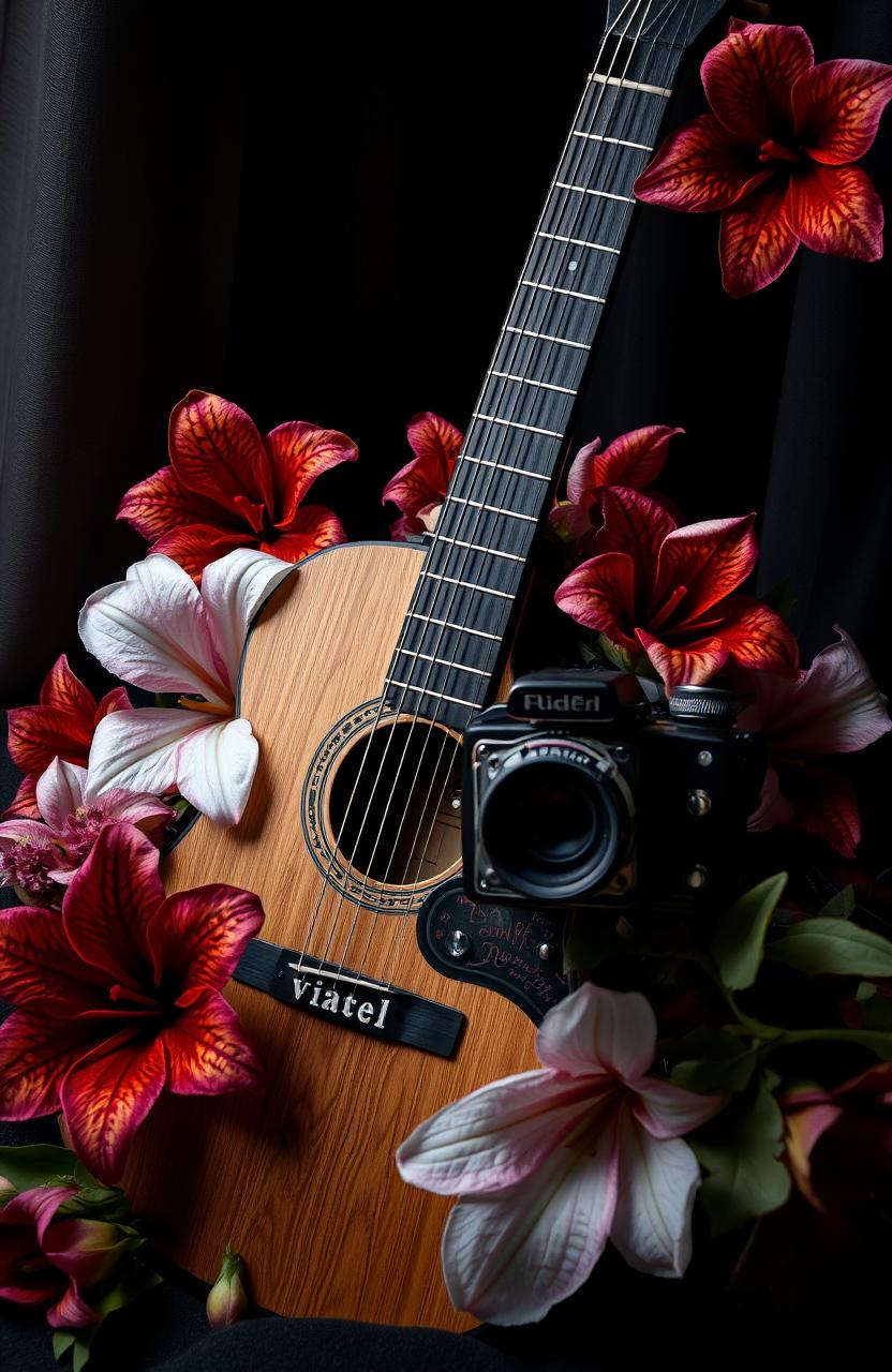 A gothic-themed scene featuring a beautifully detailed guitar resting against a vintage camera