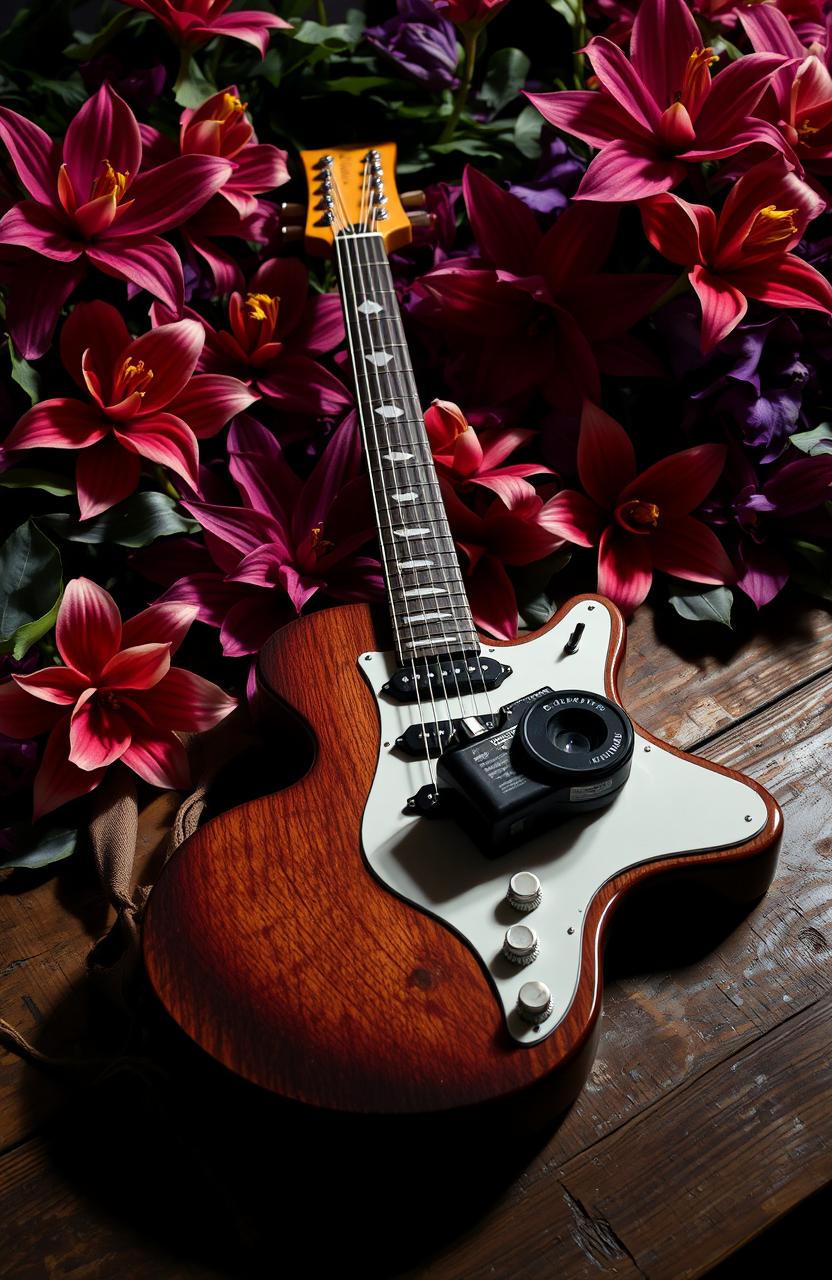 A beautifully arranged scene featuring an electric guitar and a vintage camera placed together on a rustic wooden table