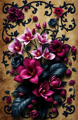 A beautifully intricate gothic wallpaper featuring exotic flowers