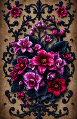 A beautifully intricate gothic wallpaper featuring exotic flowers