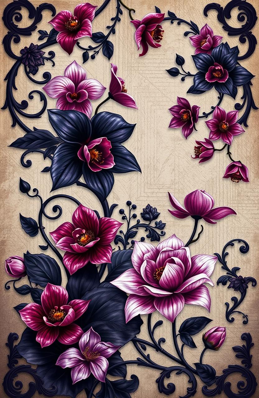 A beautifully intricate gothic wallpaper featuring exotic flowers