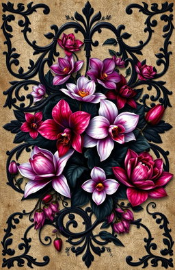 A beautifully intricate gothic wallpaper featuring exotic flowers