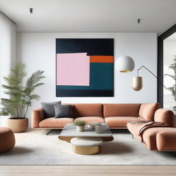 A modern interior design of a spacious living room with minimalist furniture and vibrant wall art.