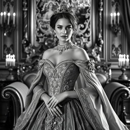 A Baltic Duchess exuding regal elegance and youthful allure, depicted in a classic black and white photography style