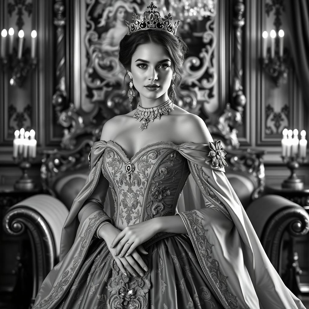 A Baltic Duchess exuding regal elegance and youthful allure, depicted in a classic black and white photography style