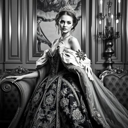 A Baltic Duchess exuding regal elegance and youthful allure, depicted in a classic black and white photography style