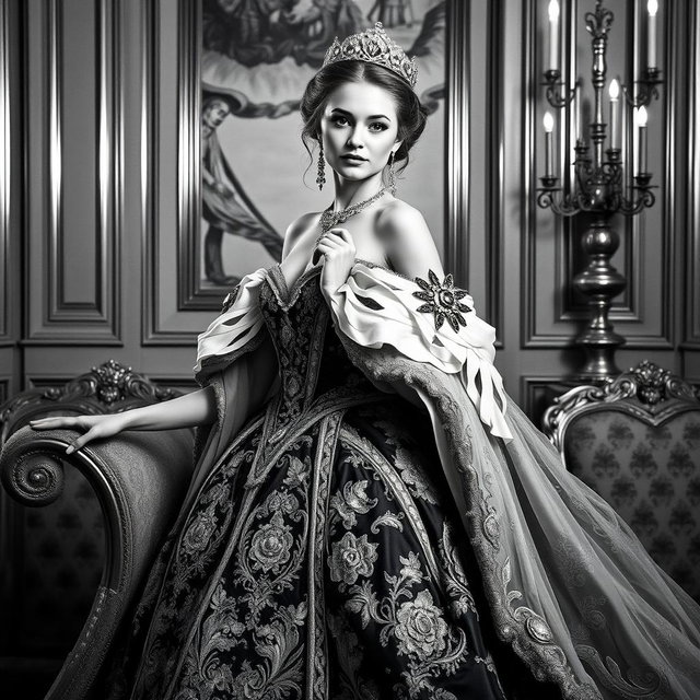 A Baltic Duchess exuding regal elegance and youthful allure, depicted in a classic black and white photography style