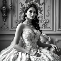 A Baltic Duchess exuding regal elegance and youthful allure, depicted in a classic black and white photography style