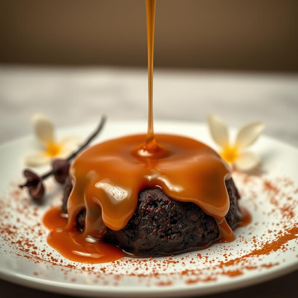 A glamourous, hyper-realistic close-up of an indulgent dessert on a pristine white plate, showcasing a glossy caramel glaze dripping enticingly over a rich chocolate molten lava cake