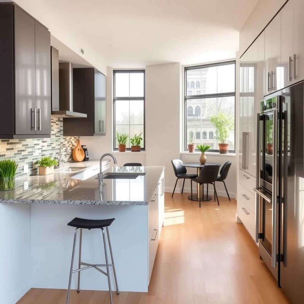 A beautifully designed modern kitchen with sleek cabinetry, an island with stools, and stainless steel appliances