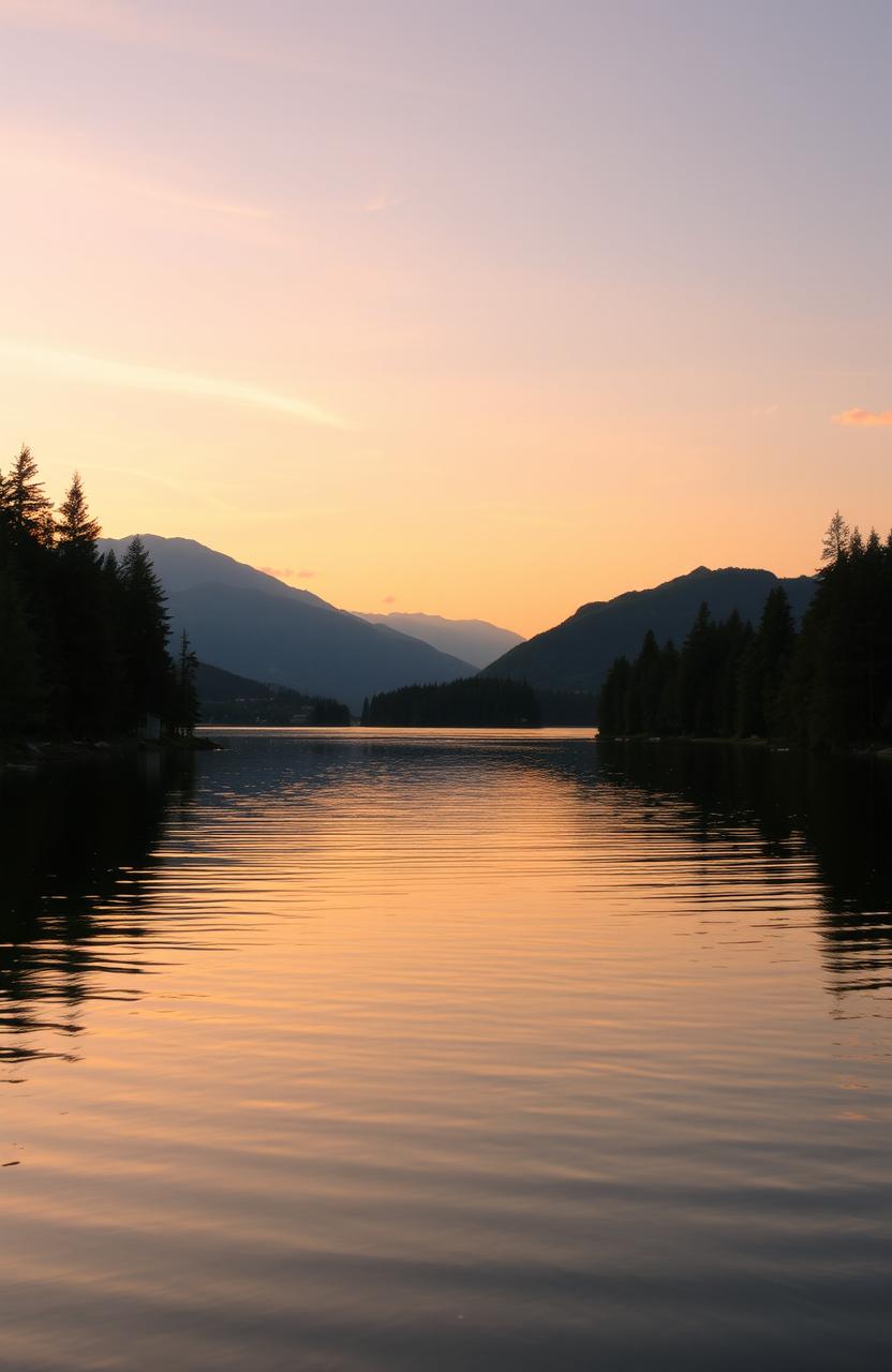 A serene evening scene depicting a tranquil lake with the setting sun casting a warm golden glow over the water
