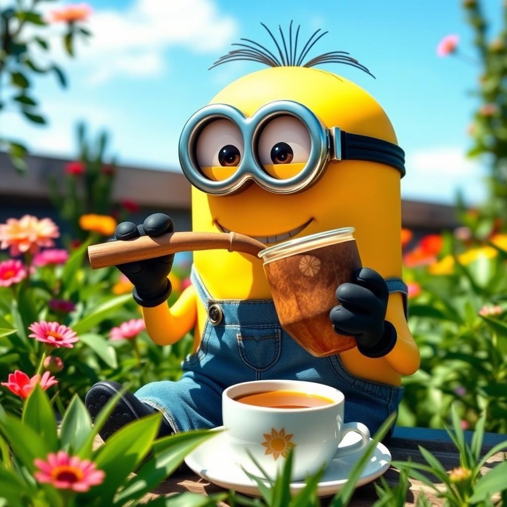 A playful Minion character enjoying an Argentine mate, sitting in a vibrant outdoor setting surrounded by lush greenery
