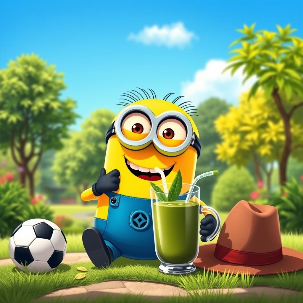 A whimsical and humorous illustration of a Minion character happily drinking mate, a traditional Argentine beverage