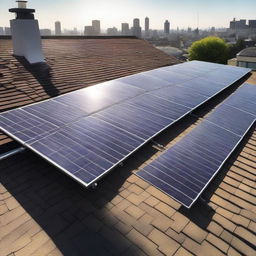 A minimalist and eye-catching image of durable solar panels on a rooftop, under a vibrant sun, void of intricate details