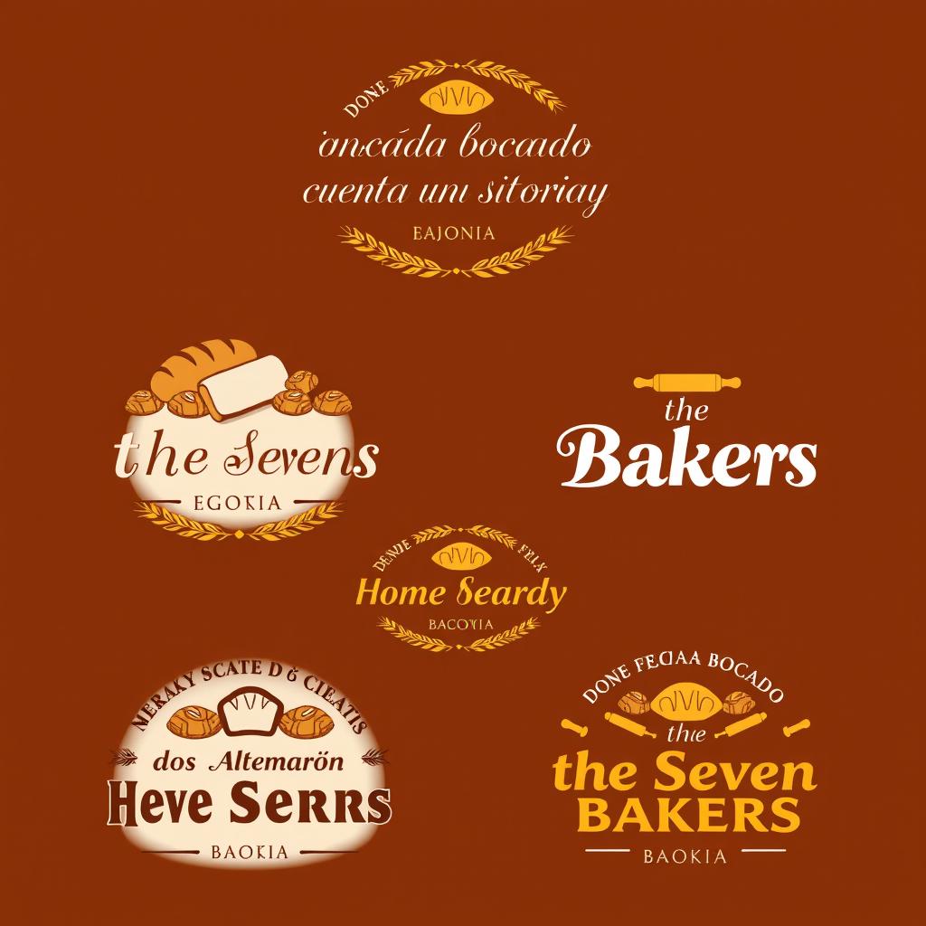 Several logo designs featuring the phrase "Donde cada bocado cuenta una historia" at the top in an elegant, flowing font and the central text "the Seven Bakers" in a bold, modern font