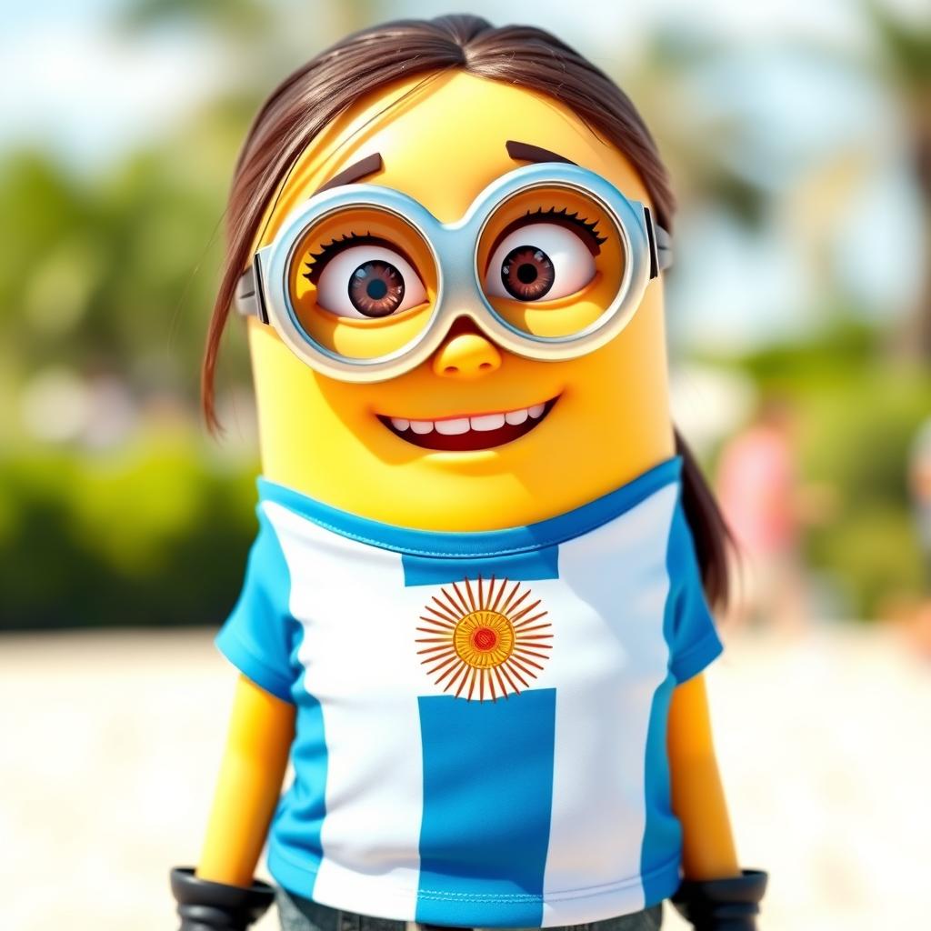 A female Minion character with a playful and cheerful expression, wearing a vibrant Argentine t-shirt that features the blue and white stripes and the sun emblem