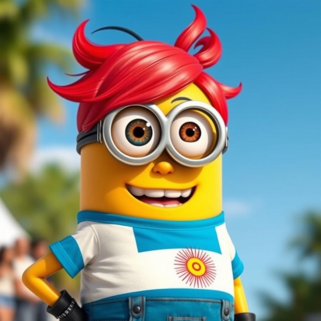 A female Minion character with vibrant red hair styled in a fun and playful way, wearing a bright Argentine t-shirt that displays the iconic blue and white stripes along with the sun emblem