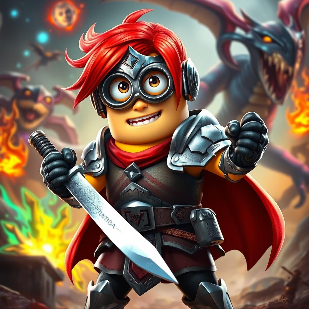 A female Minion with bright red hair dressed as a fierce warrior, wearing shining armor that fits her unique Minion body shape