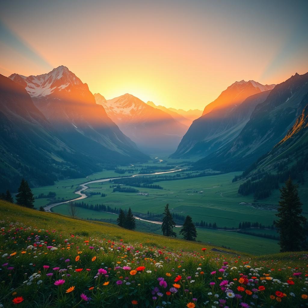 A majestic mountain landscape at sunrise, featuring towering snow-capped peaks bathed in warm golden sunlight, casting long shadows on the lush green valleys below