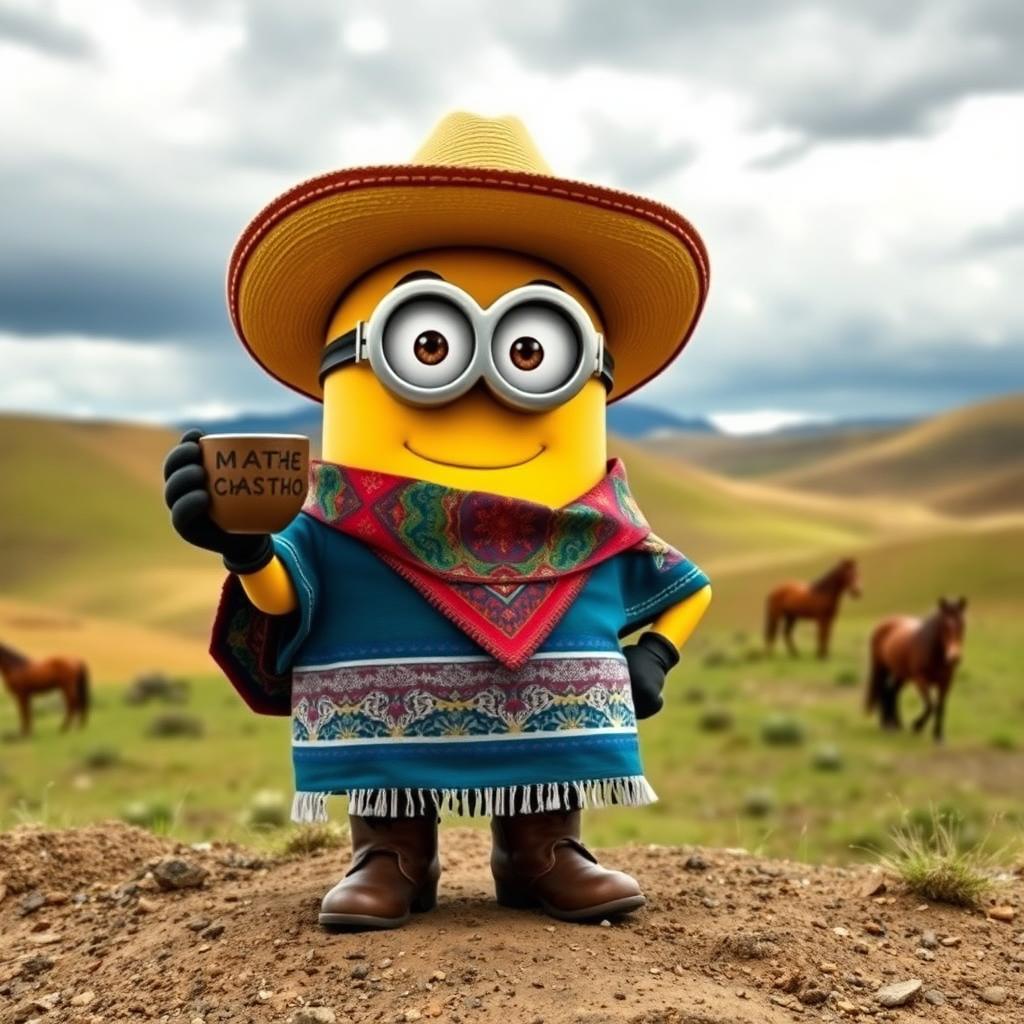 A Minion styled as an Argentine 'guacho,' featuring traditional gaucho attire including a wide-brimmed hat, a colorful poncho with intricate patterns, and riding boots