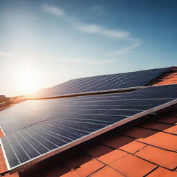 A minimalist and eye-catching image of durable solar panels on a rooftop, under a vibrant sun, void of intricate details