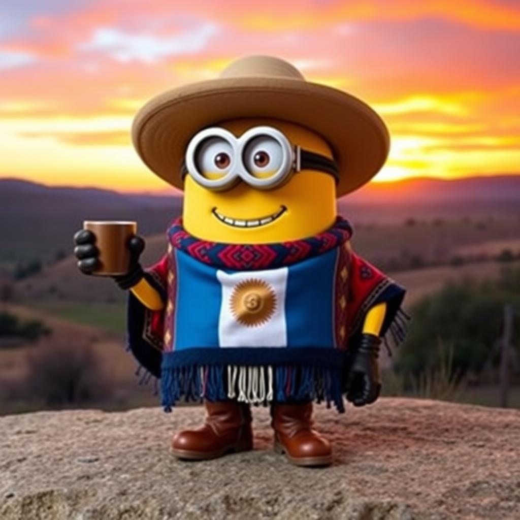 A Minion designed as an Argentine 'guacho,' adorned in traditional gaucho clothing including a large, round hat, a colorful poncho with intricate designs, and leather boots