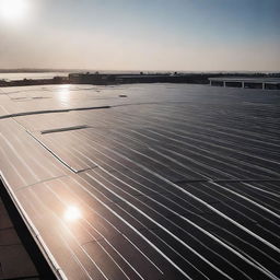 A minimalist and eye-catching image of durable solar panels on a rooftop, under a vibrant sun, void of intricate details