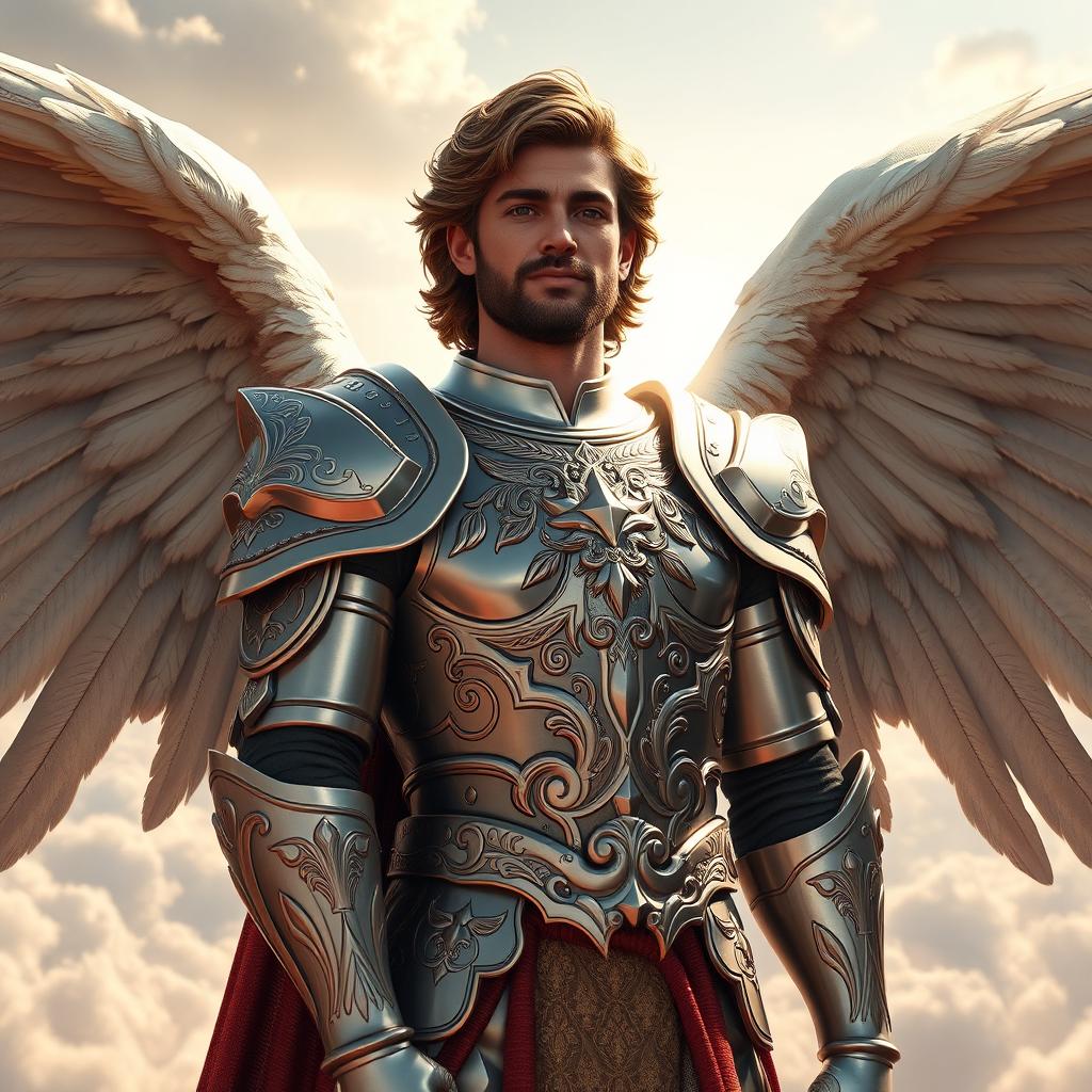 A photorealistic 3D rendering of Archangel Michael, depicted as a majestic and powerful figure
