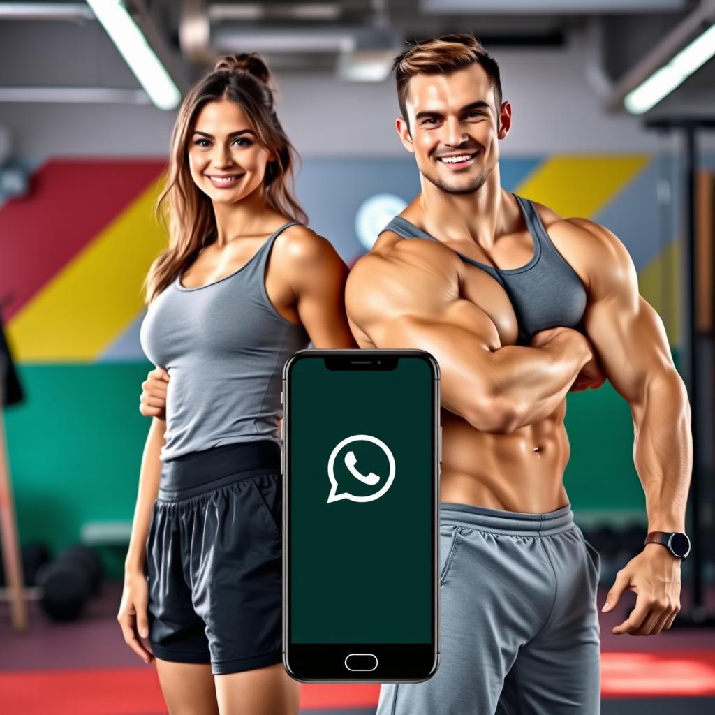 A muscular young man from the gym on the right and a slim woman on the left, both posing confidently and smiling