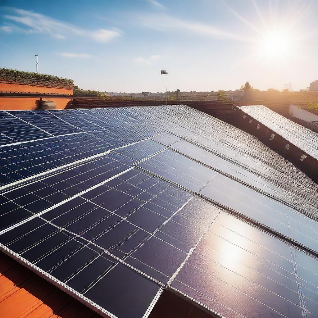 A minimalist and eye-catching image of durable solar panels on a rooftop, under a vibrant sun, void of intricate details