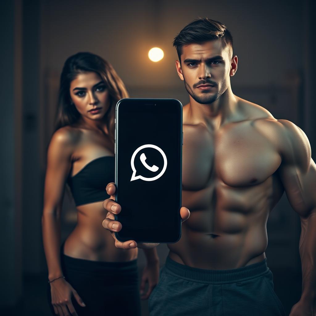 A strong young man from the gym on the right, showcasing his impressive physique with defined muscles, and a slender woman on the left with an enigmatic look, both standing together in a casual pose