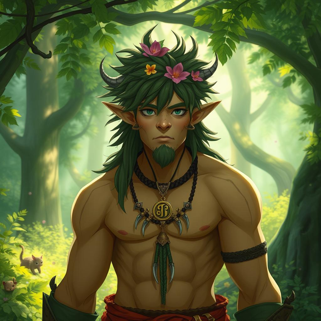 A half-orc druid character inspired by Studio Ghibli, depicted in a lush forest setting with vibrant greenery