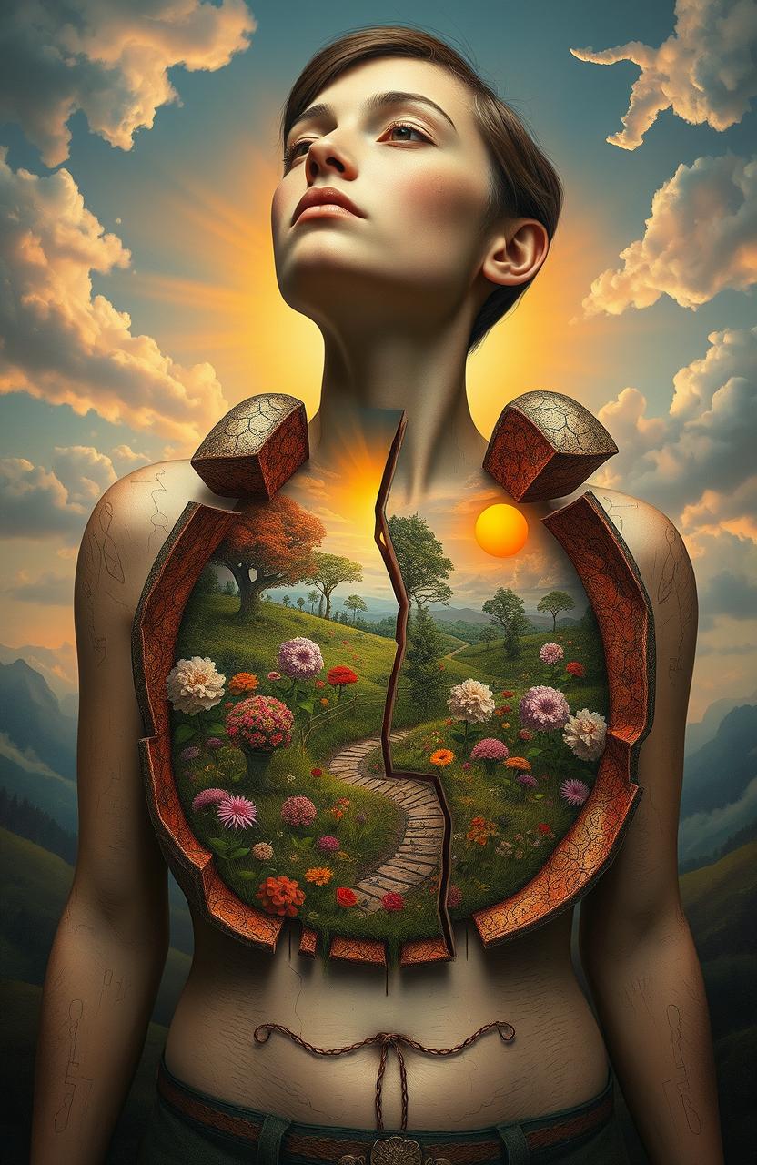 A surreal artwork depicting a person with their chest opened in fragments