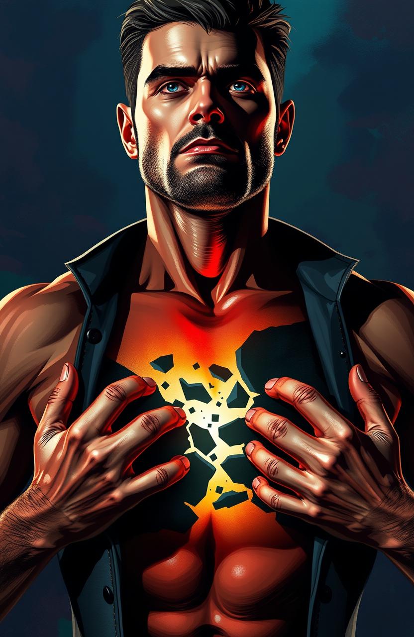A stylized depiction of a man with his chest opened, revealing a striking contrast of dark and light fragments inside, symbolizing an inner struggle or duality