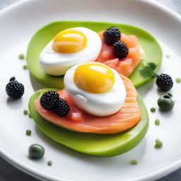 Two poached eggs nestled on a bed of ripe, sliced avocado, accompanied by smoked salmon and topped with luxurious caviar. The dish is presented on a white porcelain plate.