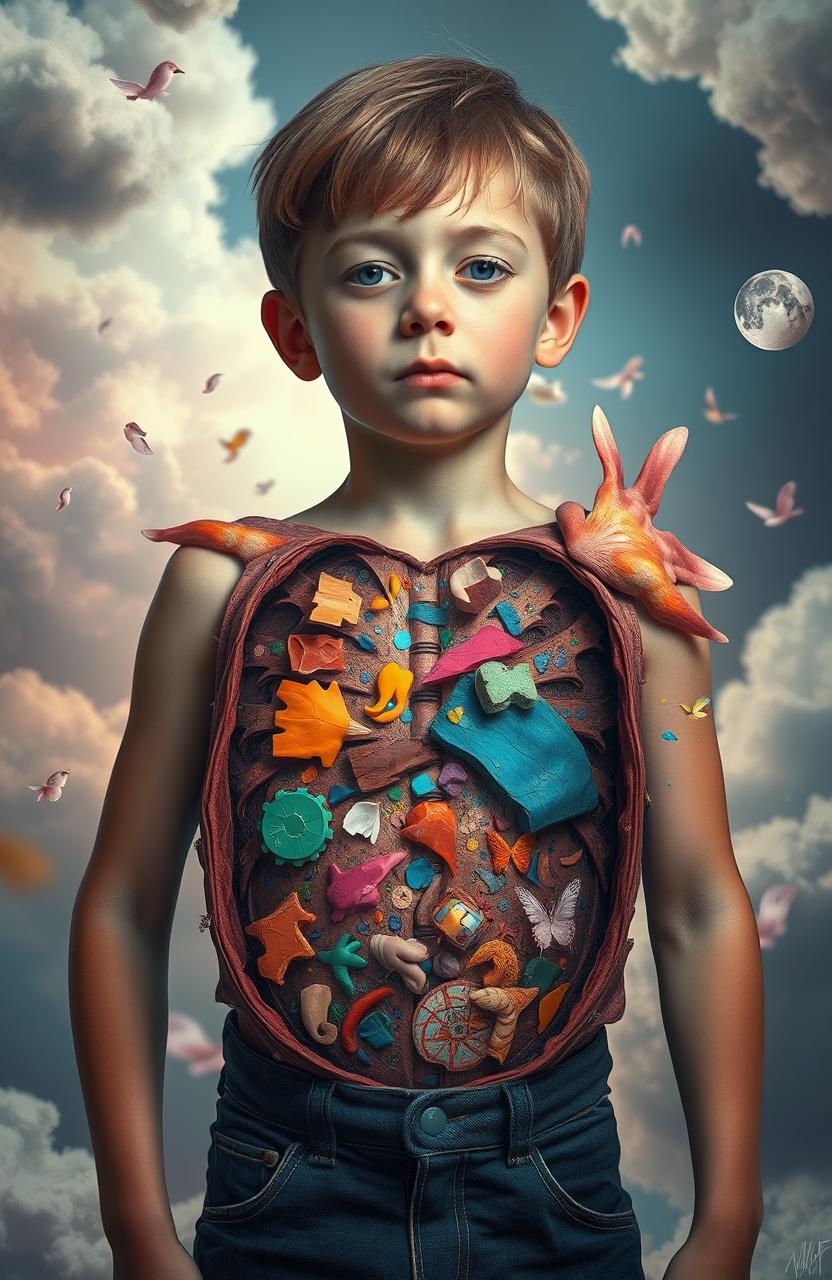 A surreal and imaginative depiction of a young boy, artistically represented with his chest open, revealing a colorful array of abstract fragments and patterns inside instead of organs