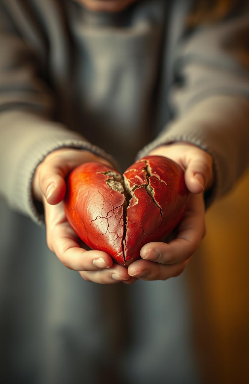 A poignant depiction of a broken heart with visible fragments, delicately held in the small hands of a child, symbolizing innocence and vulnerability