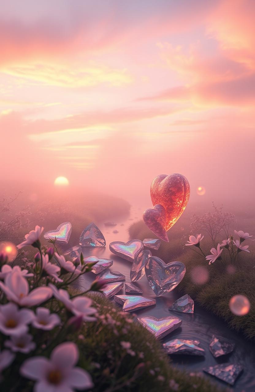 A surreal and evocative image representing fragments of a heart scattered across a misty landscape