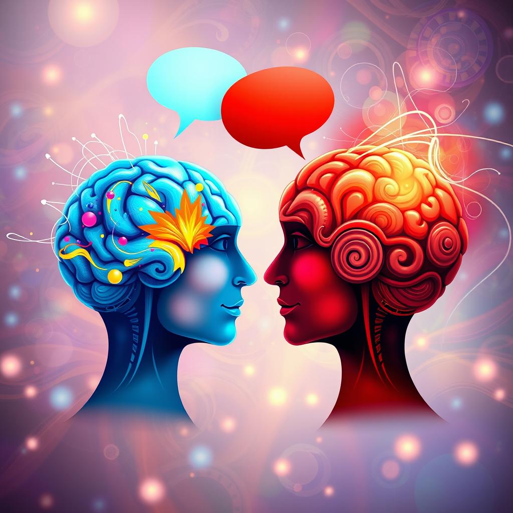 A surreal image depicting two human brains engaged in a lively conversation, with vibrant colors and abstract thought bubbles illustrating their dialogue