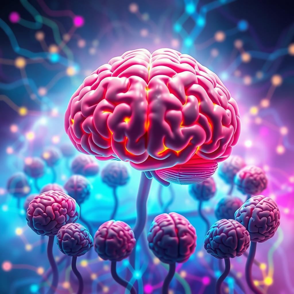 A surreal depiction of a single human brain surrounded by a multitude of smaller brains, all engaged in a vibrant discussion
