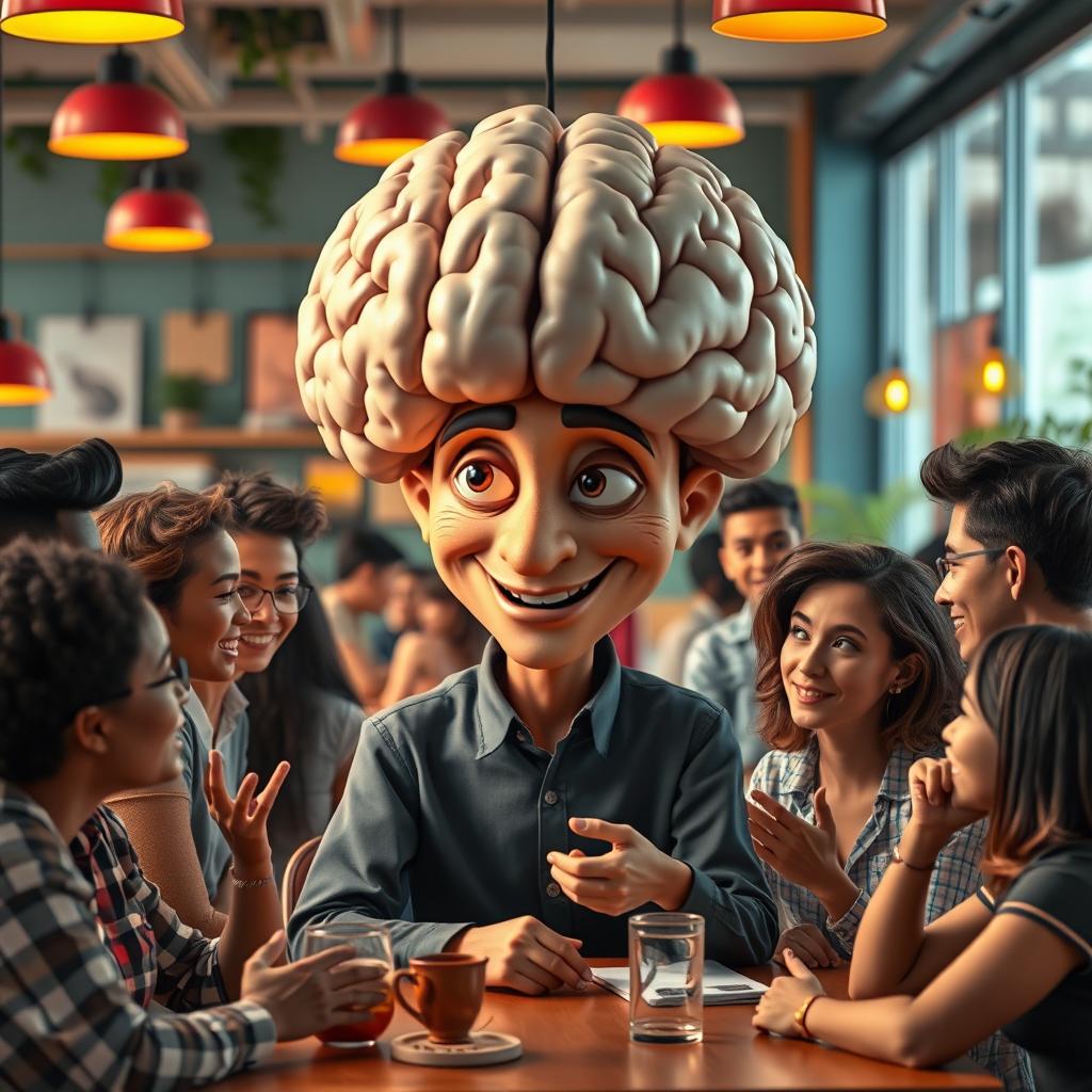 A striking scene depicting a single human with an oversized brain, elegantly conversing with a diverse group of people around them