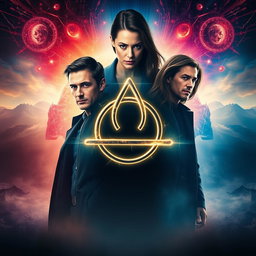 A dramatic movie poster featuring a central Triquetra lighting symbol, symbolizing the connection between three main characters