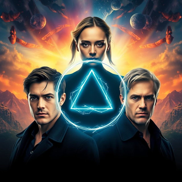 A dramatic movie poster featuring a central Triquetra lighting symbol, symbolizing the connection between three main characters