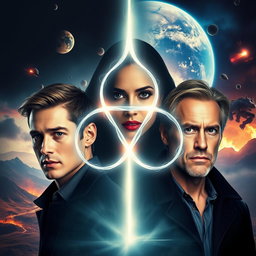 A dramatic movie poster featuring a central Triquetra lighting symbol, symbolizing the connection between three main characters